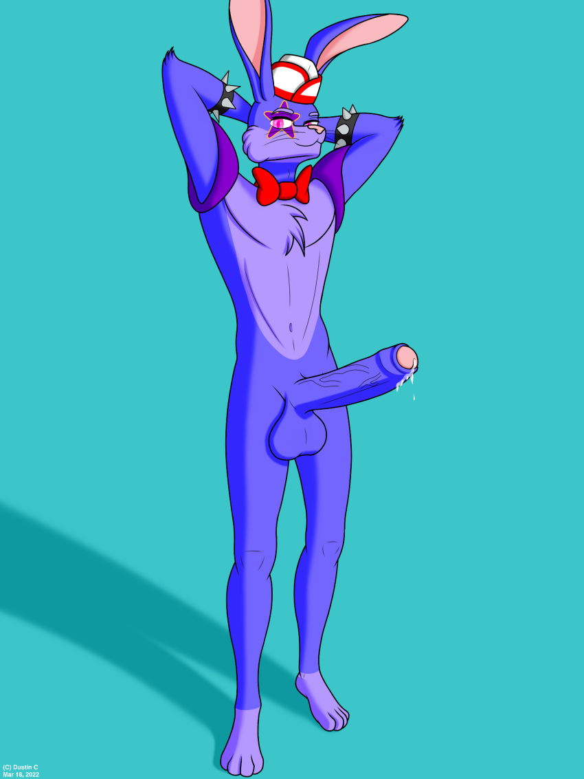 anthro anthro_only balls big_balls big_penis bodily_fluids bow_tie bunny_ears_(disambiguation) clothed clothing colored digital_media_(artwork) dustin_c erection five_nights_at_freddy's five_nights_at_freddy's:_security_breach fur genital_fluids genitals glamrock_bonnie_(fnaf) hair hat headgear headwear hi_res humanoid_genitalia humanoid_penis lagomorph leporid looking_at_viewer male mammal nude penis purple_body purple_fur purple_hair rabbit rabbit_ears scott_cawthon scottgames shaded simple_background smile solo video_games