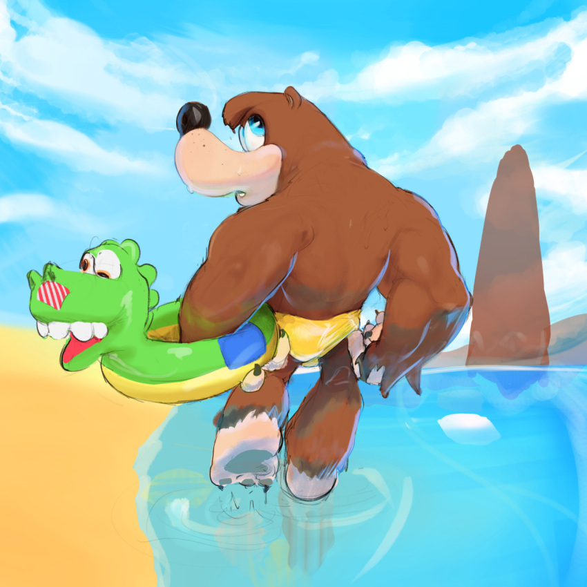 acrossthestreetfromyou anthro banjo-kazooie banjo_(banjo-kazooie) beach black_nose blue_eyes brown_body brown_fur claws clothing cloud dripping fur hi_res hill inflatable inner_tube looking_up male mammal mountain muscular muscular_male patch_(fabric) rareware reflection sand sea seaside solo swimwear ursid video_games water wedgie wet wet_body wet_fur