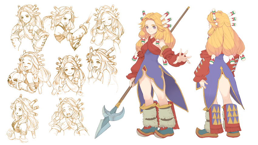 1girl back blonde_hair boots character_sheet closed_eyes coattails detached_sleeves expressionless fringe_trim haccan hair_tubes hand_to_own_mouth happy highres holding holding_jack-o'-lantern holding_polearm holding_weapon imu_(lom) legend_of_mana long_hair looking_at_viewer multiple_views non-web_source official_art open_mouth pointy_footwear polearm pumpkin sad seiken_densetsu smile solo spear standing surprised tears turnaround weapon wince wiping_tears