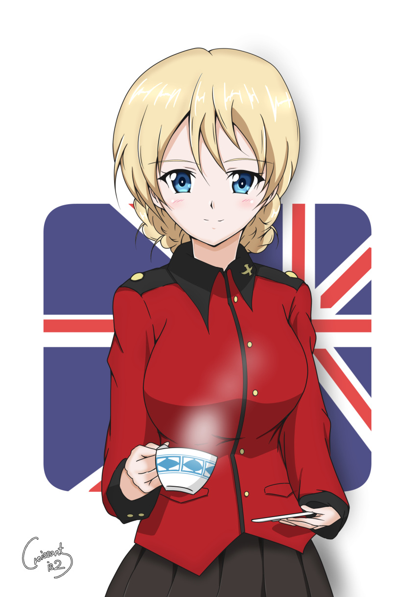 1girl absurdres black_necktie blonde_hair blue_eyes blush border breasts british coat croissant_is2 cup darjeeling_(girls_und_panzer) girls_und_panzer highres holding holding_cup necktie red_coat short_hair smile solo st._gloriana's_military_uniform teacup union_jack white_border