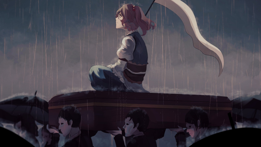 1girl bangs black_hair black_umbrella closed_mouth cloud coffin crowd english_commentary full_body funeral highres holding holding_scythe juliet_sleeves long_sleeves naufaldreamer obi onozuka_komachi outdoors puffy_sleeves rain red_eyes red_hair sash scythe short_hair sitting solo_focus touhou two_side_up umbrella