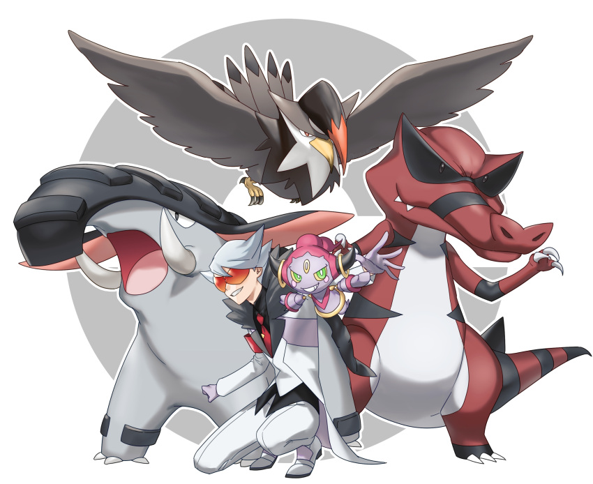 1boy bangs black_shirt coat commentary_request donphan fur-trimmed_coat fur_trim gloves grin highres hoopa hoopa_(confined) krookodile lear_(pokemon) long_sleeves male_focus necktie one_knee outstretched_arm pants pokemon pokemon_(creature) pokemon_(game) pokemon_masters_ex purple_gloves red-tinted_eyewear red_necktie shirt shoes smile spiked_hair staraptor sunglasses teeth tinted_eyewear white_coat white_footwear white_pants yuusya27