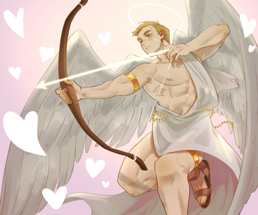 1boy absurdres akairosu arrow_(projectile) bara bow_(weapon) commentary cupid heart highres large_pectorals lynn_angel male_focus muscular muscular_male nipples pectorals short_hair smile solo thighs wan_sheng_jie weapon wings