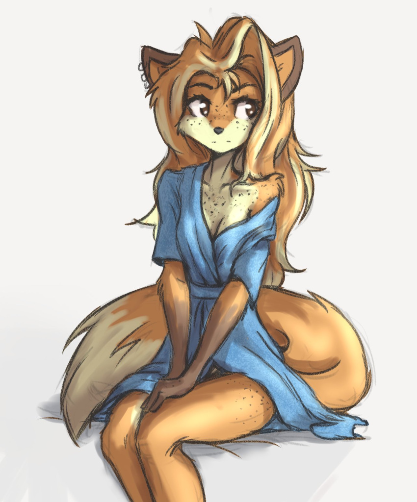 anthro arm_tuft bathrobe black_nose blonde_hair breasts brown_body brown_fur canid canine cheek_tuft cleavage clothed clothing dipstick_tail ear_piercing elbow_tuft facial_tuft female fox freckles fur gloves_(marking) hair hi_res jinny_(tinygaypirate) long_hair looking_aside mammal markings multicolored_body multicolored_fur multicolored_hair off_shoulder orange_body orange_fur orange_hair piercing robe shadow simple_background sitting small_breasts solo tail_markings tinygaypirate tuft two_tone_body two_tone_fur two_tone_hair white_background yellow_body yellow_fur