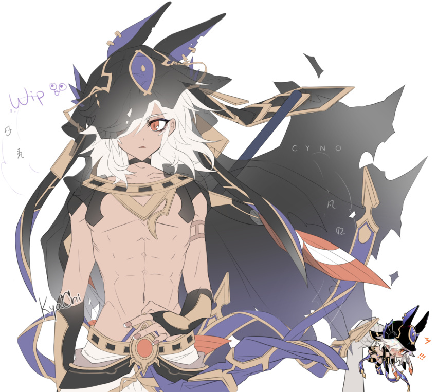 ! !! 1boy abs animal_ears arabian_clothes artist_name belly bishounen chibi cyno_(genshin_impact) dark-skinned_male dark_skin genshin_impact hair_over_eyes hair_over_one_eye hood kyaoni long_hair male_focus midriff navel orange_eyes see-through solo unfinished white_hair