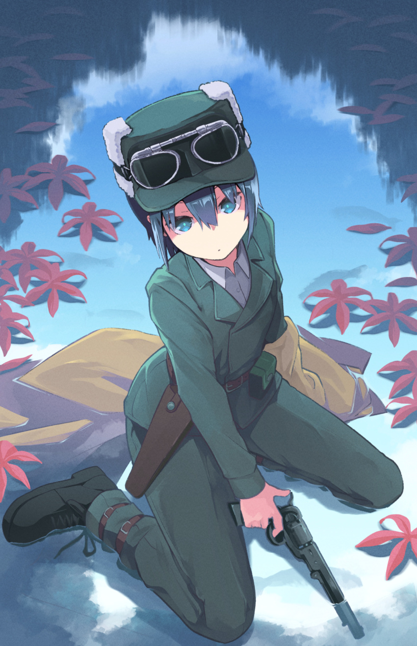1girl amagama_(he_fu) aqua_eyes belt belt_buckle belt_pouch black_footwear black_hair boots brown_belt brown_coat buckle closed_mouth coat coat_removed commentary dress_shirt expressionless finger_on_trigger fish flower from_above fur-trimmed_headwear fur_hat goggles goggles_on_head green_headwear green_jacket green_pants gun handgun hat highres holding holding_gun holding_weapon holster jacket kino_(kino_no_tabi) kino_no_tabi kneeling looking_at_viewer looking_up pants partially_submerged pouch red_flower revolver shirt solo trench_coat ushanka water weapon white_shirt