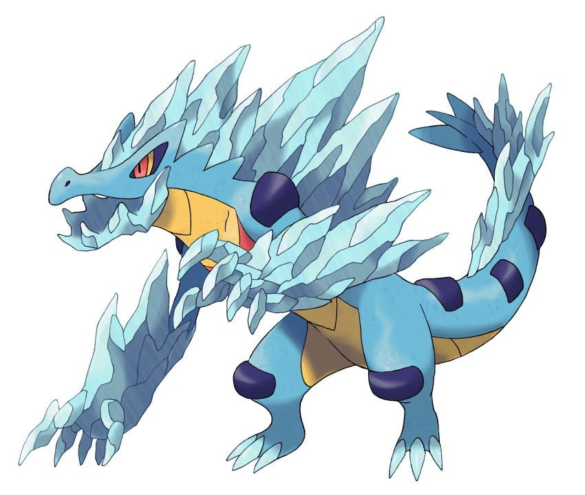 absurdres blue_theme claws commentary english_commentary fakemon feraligatr full_body highres hyshirey ice mega_pokemon official_style open_mouth pokemon red_eyes standing transparent_background