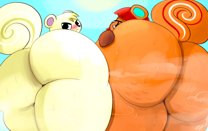 animal_crossing anthro big_butt blush bodily_fluids buckteeth butt cellulite duo female hair hand_on_butt hazel_(animal_crossing) hi_res huge_butt huge_thighs hyper hyper_butt looking_at_viewer looking_back male mammal marshal_(animal_crossing) musk nintendo nude open_mouth orange_body orange_hair ota_(artist) rodent sciurid swamp_ass sweat sweaty_butt teeth thick_thighs tree_squirrel video_games white_body