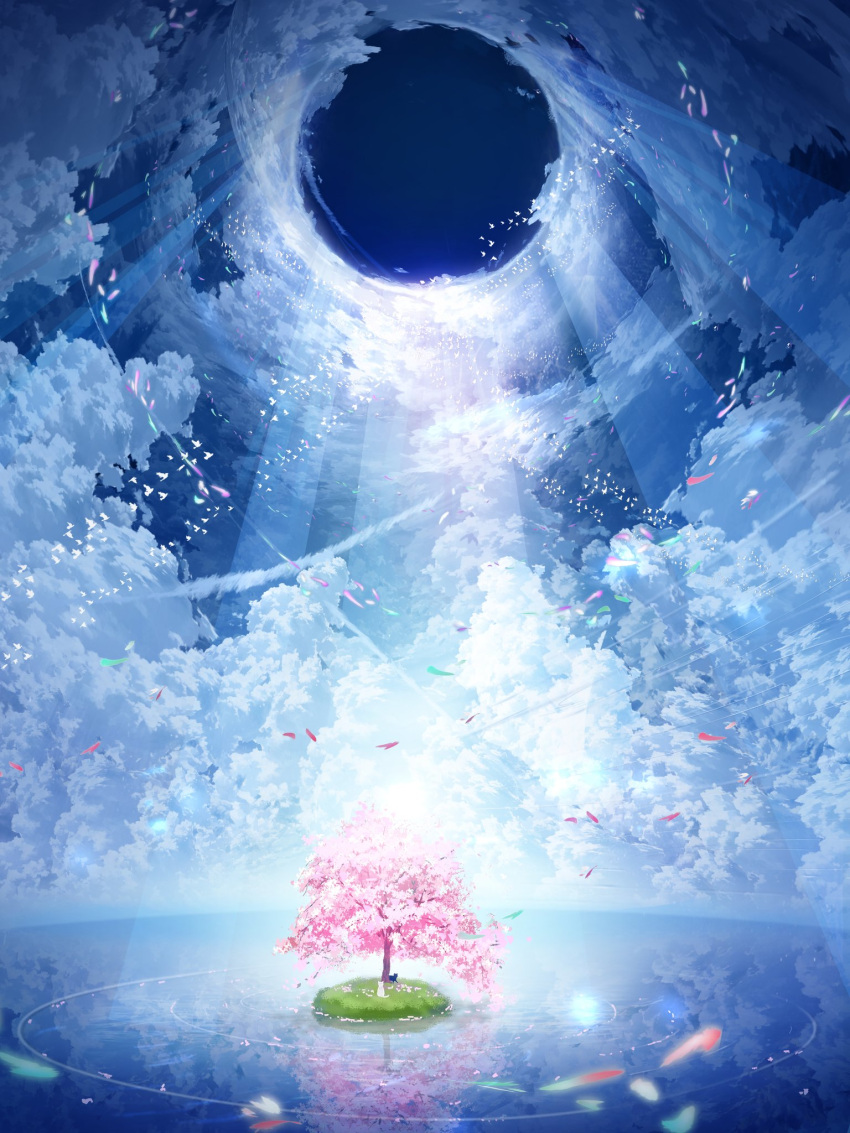 blue_sky cherry_blossoms cloud cloudy_sky commentary_request day highres horizon island makoron117117 no_humans ocean original outdoors scenery sky sunlight tree water