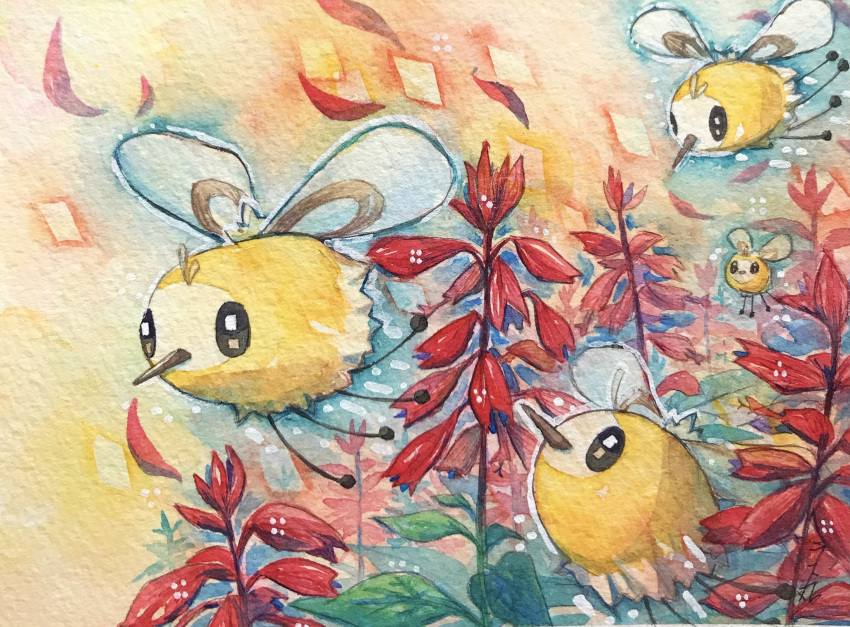 black_eyes commentary_request cutiefly falling_petals flying highres leaf looking_up no_humans painting_(medium) petals pokemon pokemon_(creature) ras_(my-your-music) traditional_media watercolor_(medium)