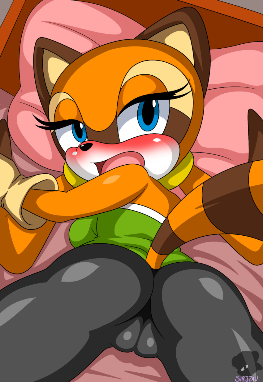 bed bed_sheet bedding bedroom blue_eyes breasts bulge clothing female fur furniture gloves half-closed_eyes handwear hi_res looking_at_viewer looking_back looking_pleasured mammal marine_the_raccoon narrowed_eyes open_mouth orange_body orange_fur pillow procyonid raccoon sega sirjzau solo sonic_the_hedgehog_(series) spread_legs spreading tongue