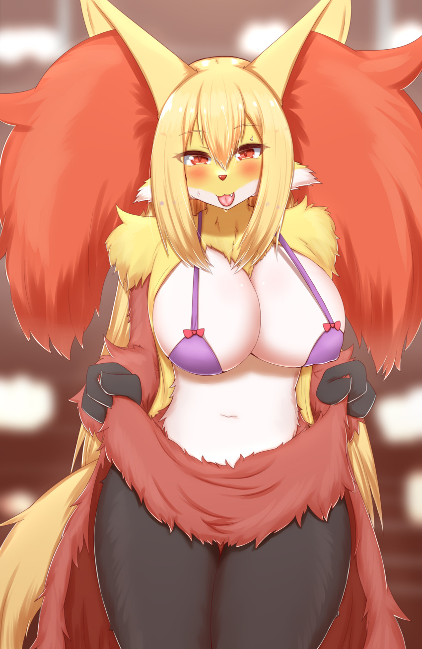 2022 3_fingers anthro big_breasts bikini bikini_top black_body black_fur blep blonde_hair blush breasts brown_body brown_fur canid canine cheek_tuft cleavage clothed clothing cute_fangs delphox facial_tuft female fingers fluffy fur hair hi_res horokusa0519 inner_ear_fluff kemono looking_at_viewer mammal multicolored_body multicolored_fur navel nintendo nipple_outline pok&eacute;mon pok&eacute;mon_(species) portrait red_body red_eyes red_fur red_nose solo swimwear three-quarter_portrait tongue tongue_out translated_description tuft video_games white_body white_fur yellow_body yellow_fur