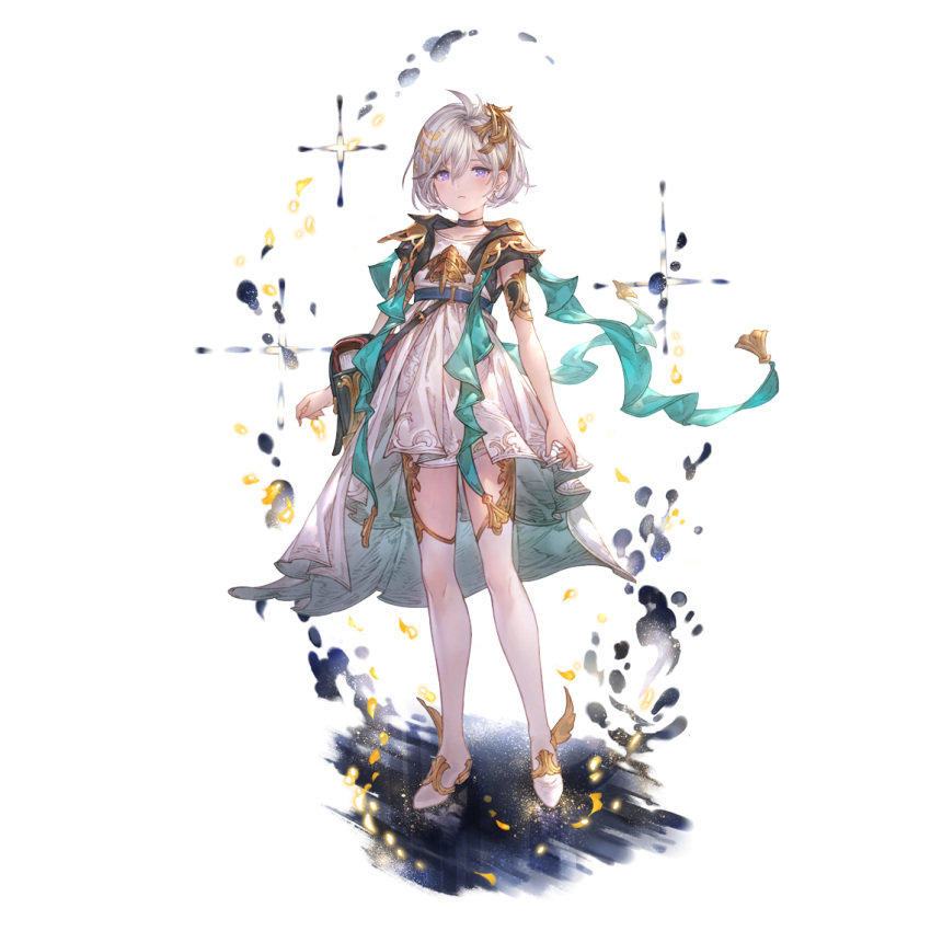 1girl ahoge bag bangs boots choker closed_mouth dress granblue_fantasy hair_between_eyes hair_ornament looking_at_viewer official_art purple_eyes short_hair short_sleeves shoulder_bag solo standing thigh_boots thighhighs white_dress white_footwear white_hair yuni_(granblue_fantasy)