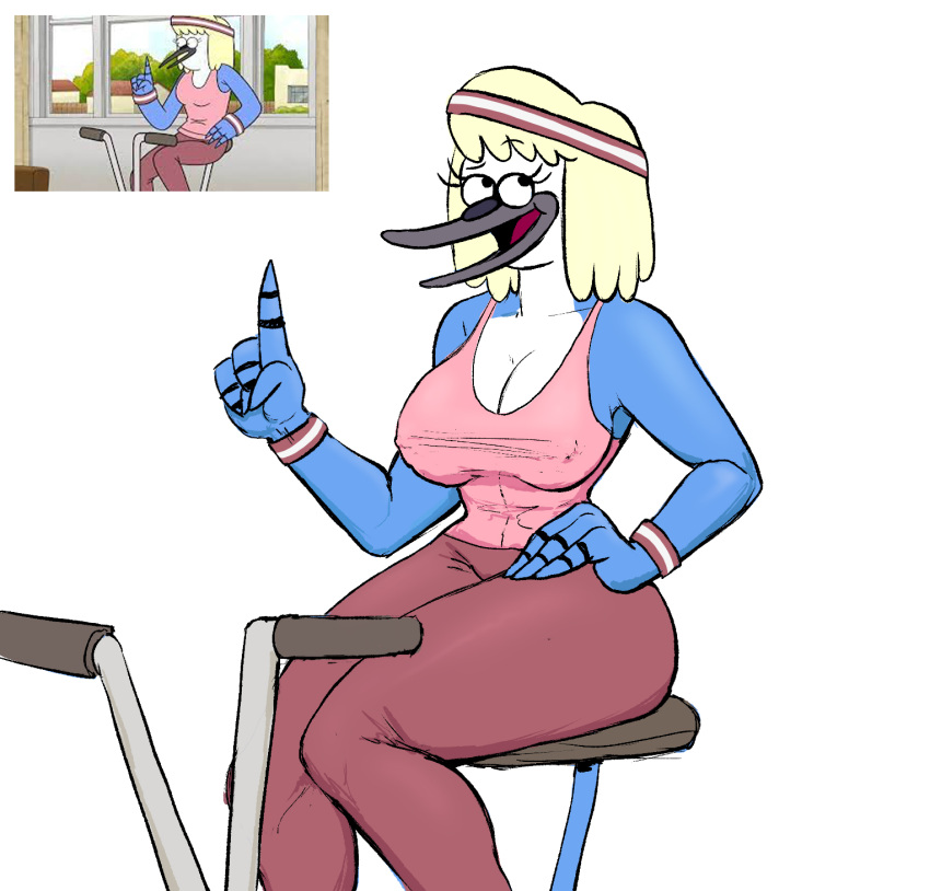 anthro avian bird blonde_hair blue_jay bottomwear breasts cleavage clothed clothing corvid eebahdeebah exercise eyelashes female hair hi_res hilary_(regular_show) jay_(bird) new_world_jay open_mouth open_smile oscine pants passerine shirt simple_background smile solo sweatband tank_top topwear white_background workout workout_clothing workout_equipment yoga_pants