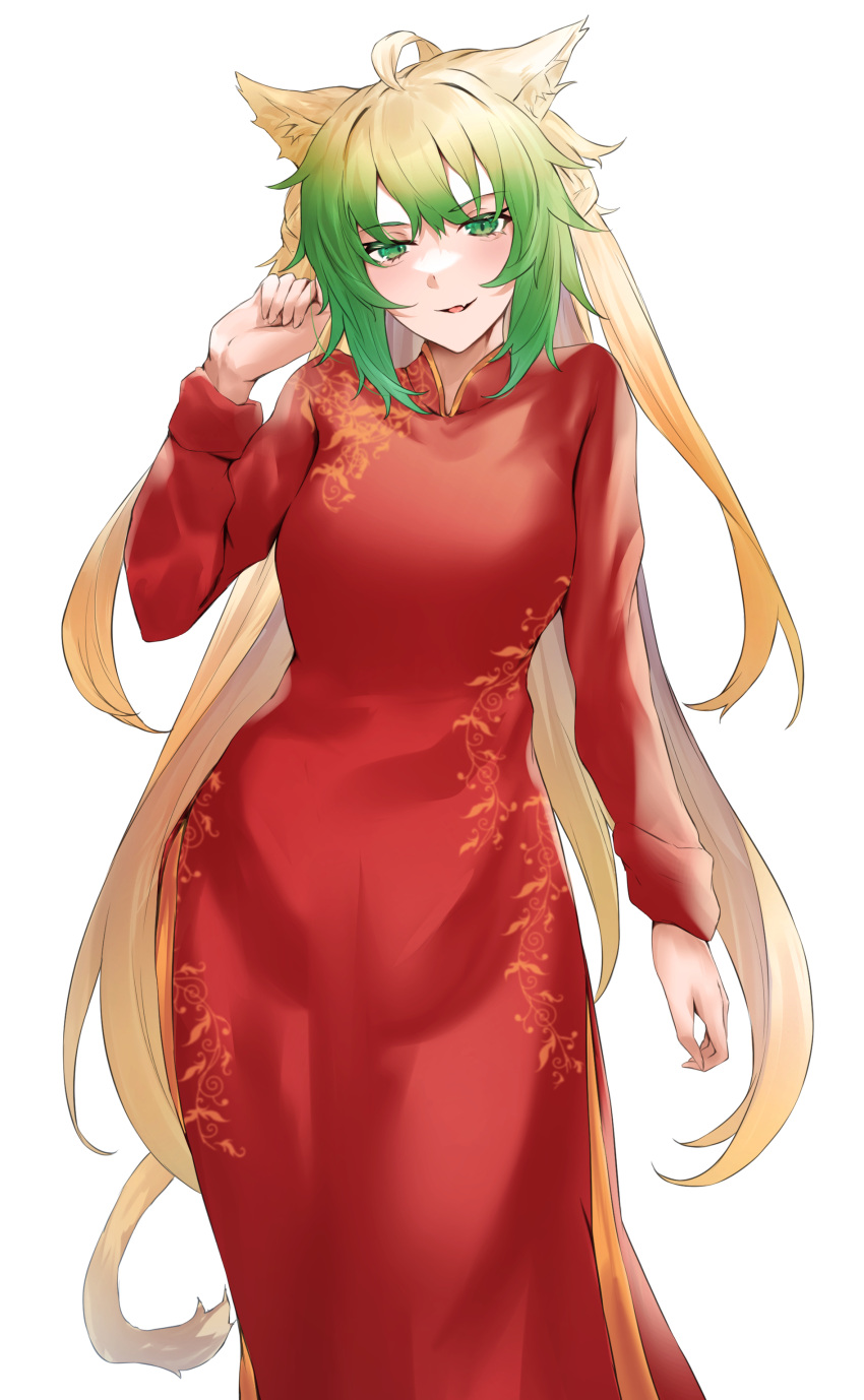1girl absurdres ahoge animal_ear_fluff animal_ears atalanta_(fate) bangs blonde_hair cat_ears china_dress chinese_clothes commentary_request dress eyebrows_visible_through_hair fang fate/apocrypha fate_(series) green_hair hand_up highres long_hair long_sleeves looking_at_viewer multicolored_hair parted_lips red_dress simple_background smile solo two-tone_hair two_side_up very_long_hair white_background yuki_maccha_(yukimattya10)
