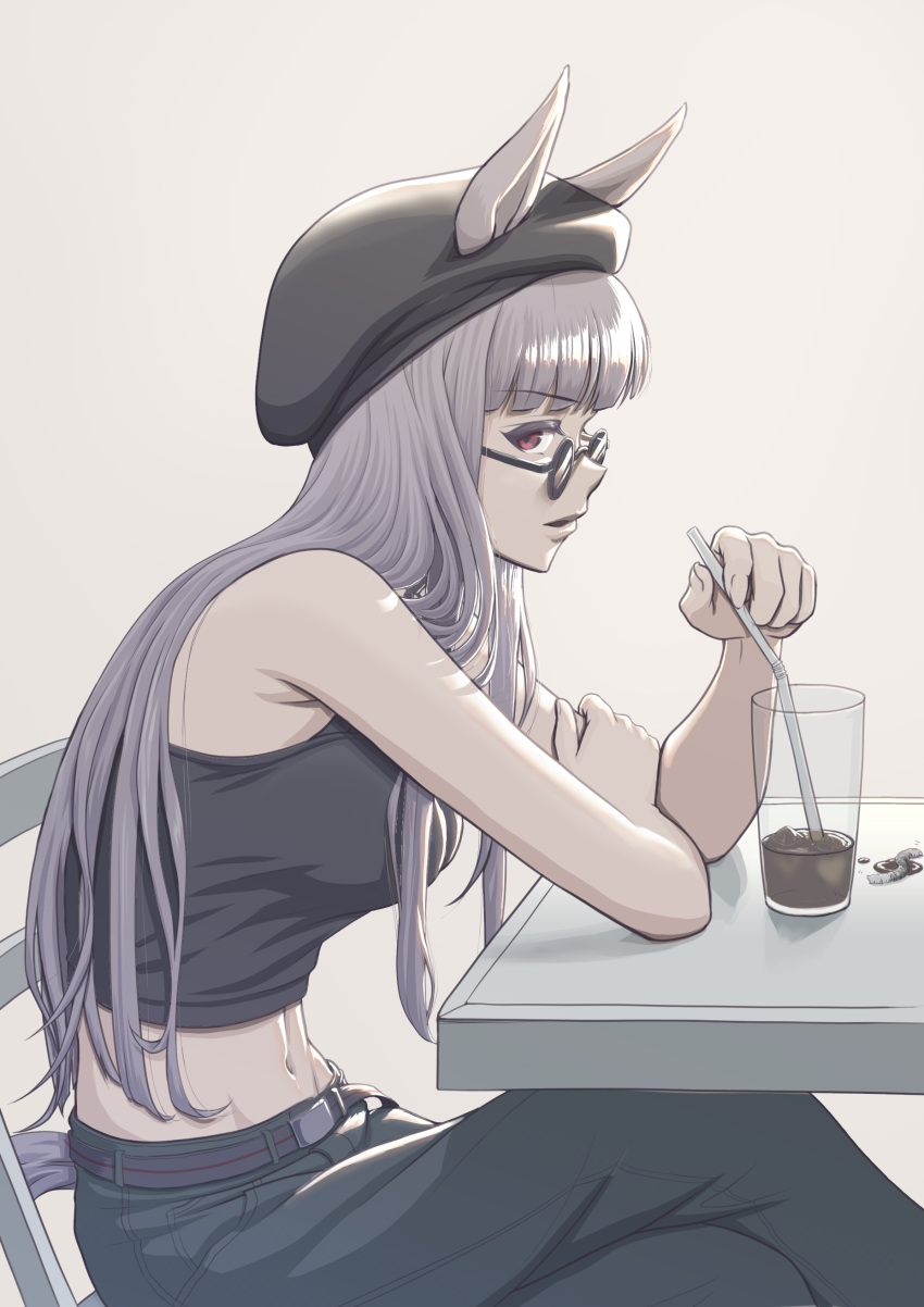 1girl absurdres animal_ears arm_rest armpit_crease bangs bare_shoulders beret black_headwear black_tank_top blunt_bangs breasts casual commentary cup denim drinking_glass drinking_straw ears_through_headwear eyebrows_visible_through_hair gold_ship_(umamusume) groin hat highres holding holding_drinking_straw horse_ears horse_girl horse_tail jeans large_breasts long_hair looking_at_viewer midriff navel pants parted_lips profile purple_eyes shibakarisena sidelocks silver_hair simple_background sitting solo sunglasses tail tank_top umamusume white_background