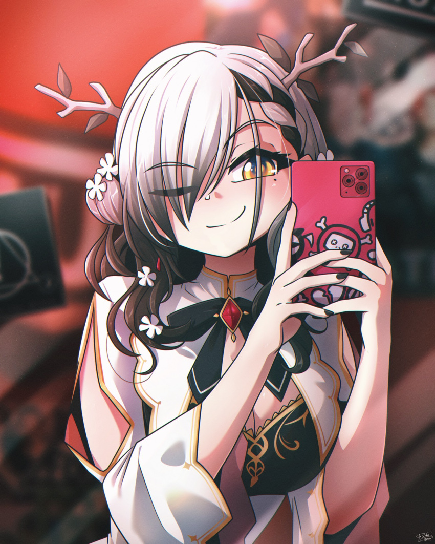 1girl alternate_costume alternate_hair_color antlers black_hair black_nails blush breasts brown_eyes cellphone ceres_fauna cleavage closed_mouth highres holding holding_phone hololive hololive_english large_breasts looking_at_viewer mole mole_under_eye multicolored_hair one_eye_closed phone ryou_sakai smartphone smile solo upper_body virtual_youtuber white_hair