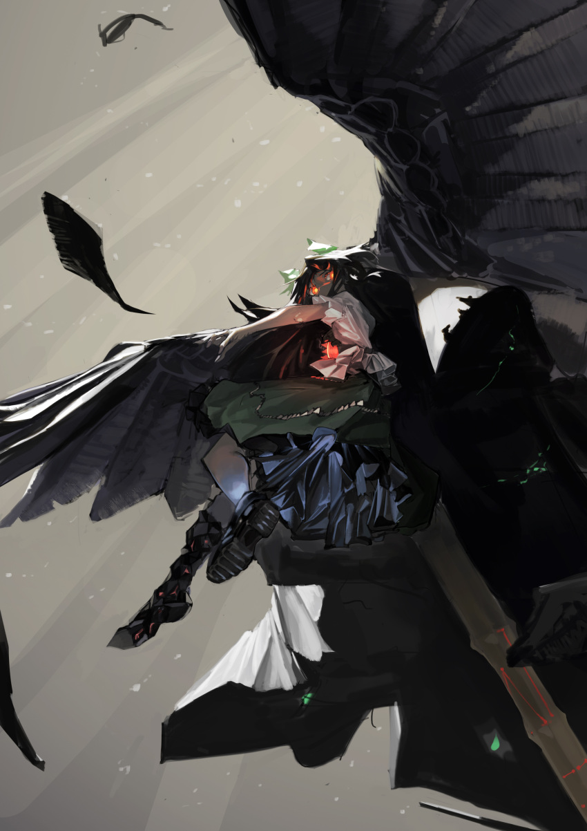 1girl absurdres arm_cannon asymmetrical_footwear bird_wings black_footwear black_hair black_wings boots bow bright_pupils cape commentary dora_waku2 feathered_wings feathers fingernails frilled_skirt frills full_body glowing glowing_eyes green_bow green_skirt hair_bow highres long_fingernails long_hair looking_at_viewer looking_back orange_eyes outstretched_arm puffy_short_sleeves puffy_sleeves reiuji_utsuho shirt short_sleeves single_boot skirt solo third_eye touhou weapon white_cape white_shirt wings yellow_pupils