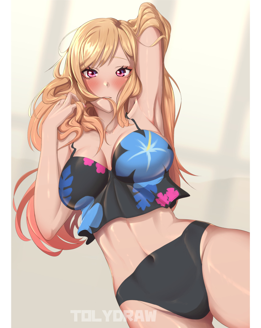 1girl absurdres arm_up armpits artist_name bangs blonde_hair blush breasts cleavage commentary covered_navel crop_top embarrassed floral_print gradient_hair groin hair_in_mouth hand_in_hair highleg highleg_panties highres impossible_clothes kitagawa_marin long_hair looking_at_viewer medium_breasts midriff multicolored_hair panties pink_nails red_eyes red_hair reward_available shiny shiny_hair shiny_skin solo sono_bisque_doll_wa_koi_wo_suru swept_bangs tolydraw underwear watermark