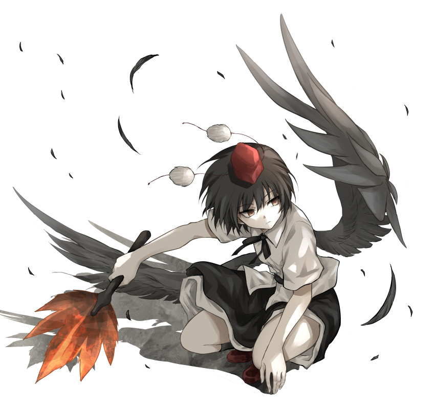 1girl absurdres bangs belt bird_wings black_hair black_legwear black_ribbon black_skirt black_wings brown_eyes closed_mouth collared_shirt expressionless feathered_wings feathers full_body geta hat hauchiwa highres holding looking_to_the_side neck_ribbon puffy_short_sleeves puffy_sleeves red_footwear red_headwear ribbon shadow shameimaru_aya shimoda_masaya shirt short_hair short_sleeves simple_background skirt socks solo squatting tengu-geta tokin_hat touhou white_background white_shirt wing_collar wings