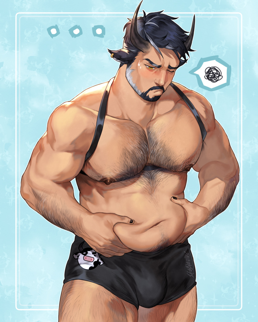 1boy animal_ears animal_print arm_hair bara bare_pectorals beard belly_grab black_male_underwear boxers bulge chest_hair chest_harness cow_boy cow_ears cow_horns cow_print dark-skinned_male dark_skin earrings facial_hair hairy harness highres horns jewelry large_pectorals leg_hair male_focus male_underwear mature_male muscular muscular_male navel navel_hair nipples original pectorals plump print_male_underwear short_hair simon_jude solo stomach thick_thighs thighs underbust underwear underwear_only weight_conscious