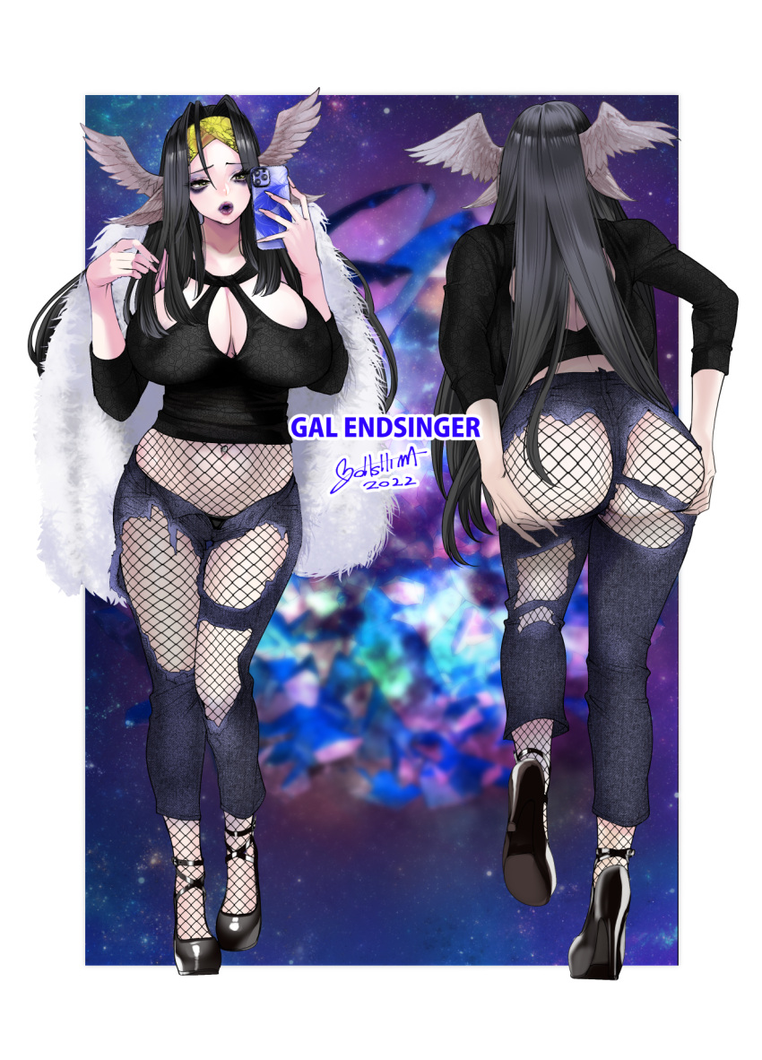 1girl ass black_hair breasts cellphone contemporary final_fantasy final_fantasy_xiv fishnet_legwear fishnets head_wings high_heels highres huge_breasts lips long_hair multiple_views navel ooshima_ryou pants pantyhose phone silver_wings smartphone solo the_endsinger torn_clothes torn_pants yellow_eyes