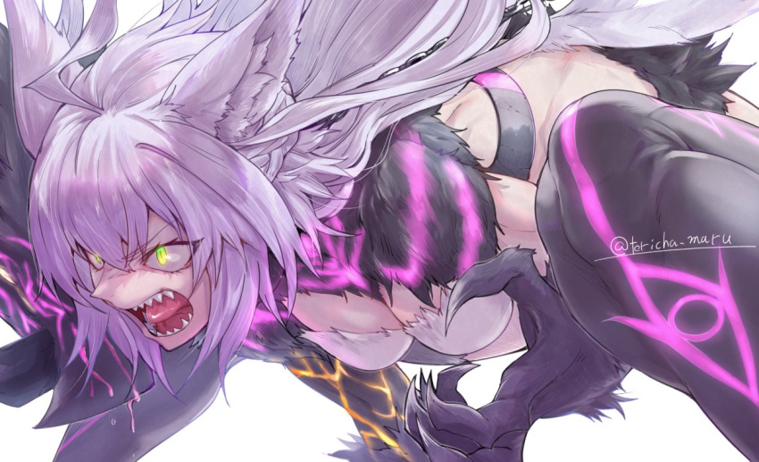 1girl agrius_metamorphosis ahoge animal_ears atalanta_(alter)_(fate) atalanta_(fate) bangs black_fur black_gloves black_legwear blush boar braid breasts cat_ears cat_tail claws cleavage collar elbow_gloves fate/apocrypha fate/grand_order fate_(series) french_braid gloves glowing glowing_eyes green_eyes grey_hair long_hair medium_breasts navel open_mouth pelt sharp_teeth solo tail teeth thighhighs thighs torichamaru tusks