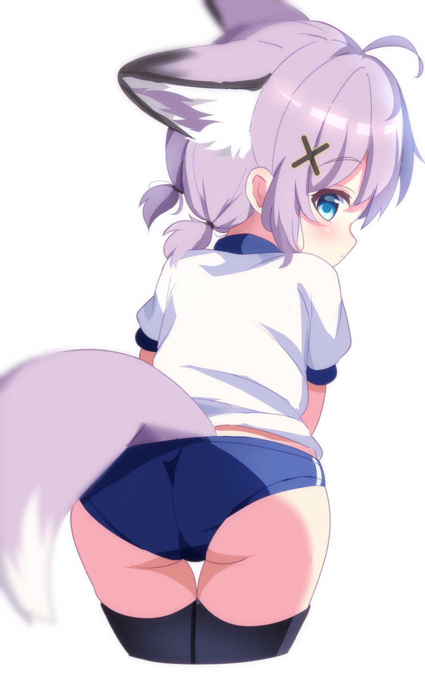 1girl absurdres animal_ears arknights ass black_legwear blue_buruma blue_eyes blush buruma closed_mouth commentary_request fox_ears fox_girl fox_tail from_behind gym_shirt gym_uniform hair_ornament highres leaning_forward looking_at_viewer looking_back low_twintails profile puffy_short_sleeves puffy_sleeves purple_hair rebaa shirt short_sleeves simple_background solo standing sussurro_(arknights) tail thigh_gap thighhighs twintails white_background white_shirt x_hair_ornament