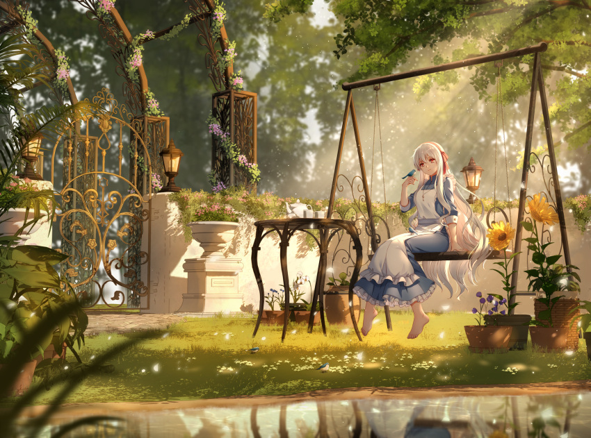 1girl animal apron arch arm_up bangs barefoot bird bird_on_hand blue_dress blurry branch dappled_sunlight day depth_of_field dress flower flower_pot frilled_apron frilled_dress frills garden gate glowing_petals hair_ribbon hairband hand_up highres kagerou_project key key_necklace kozakura_marry lake lamp long_hair nine_(pixiv2571715) outdoors plant potted_plant purple_flower red_eyes red_ribbon reflection ribbon silver_hair sleeves_past_elbows smile solo sunlight swing_set table vines wall water white_apron wide_shot yellow_flower