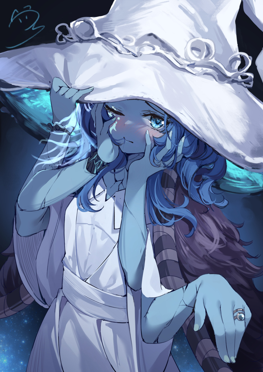 1girl absurdres arm_up blue_eyes blue_hair blue_skin blush closed_mouth colored_skin dress elden_ring extra_arms extra_faces fur_cloak hair_in_mouth hand_on_headwear hands_on_own_cheeks hands_on_own_face hands_up hat highres jewelry long_hair looking_at_viewer nahaki one_eye_closed ranni_the_witch ring solo upper_body white_dress white_headwear witch_hat
