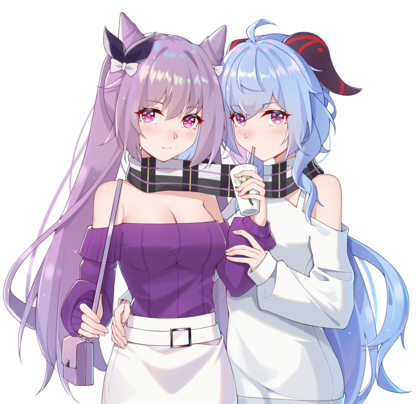 2girls ahoge bag bangs blue_hair bow breasts cleavage cup diamond-shaped_pupils diamond_(shape) disposable_cup drinking drinking_straw eyebrows_visible_through_hair ganyu_(genshin_impact) genshin_impact goat_horns hair_bow hair_cones hand_on_another's_hip high-waist_skirt highres horns ironmarch keqing_(genshin_impact) long_hair looking_at_viewer medium_breasts multiple_girls off-shoulder_shirt off-shoulder_sweater off_shoulder official_alternate_costume plaid plaid_scarf purple_eyes purple_hair purple_sweater scarf shared_scarf shirt shoulder_bag skirt smile sweater symbol-shaped_pupils twintails white_background white_shirt white_skirt