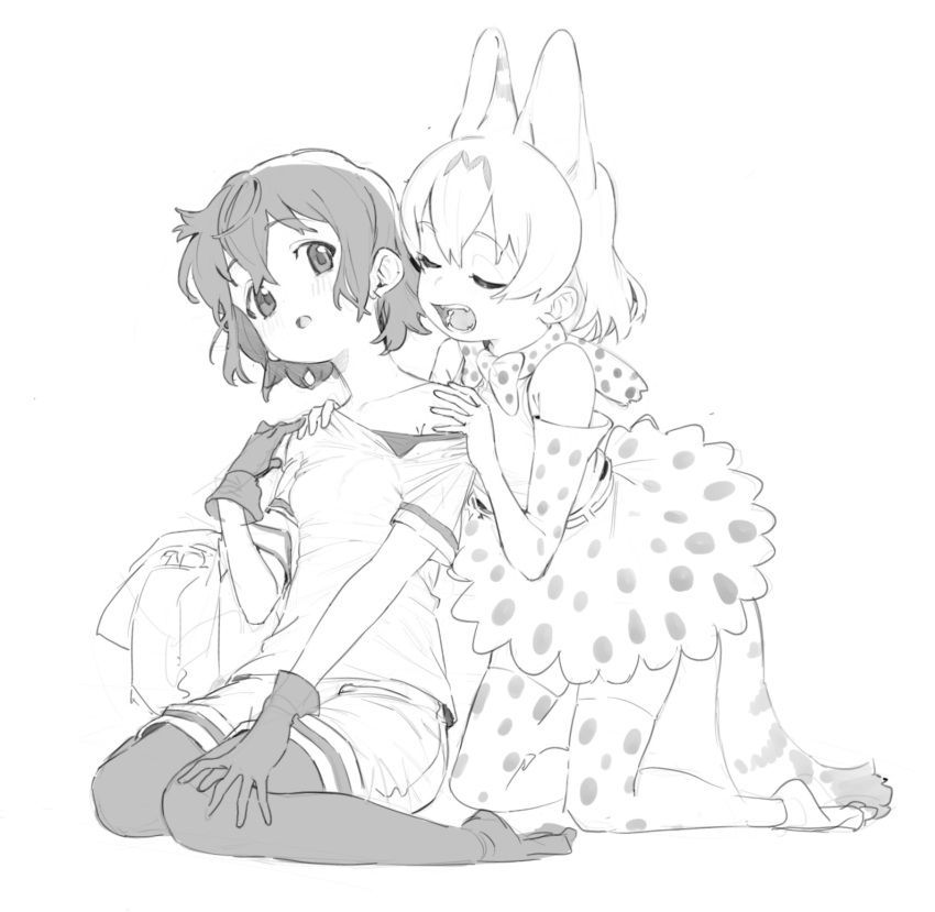 2girls :o animal_ear_fluff backpack backpack_removed bag bangs bare_shoulders bow bowtie closed_eyes elbow_gloves extra_ears eyebrows_visible_through_hair full_body gloves greyscale hair_between_eyes hands_on_another's_shoulders highres kaban_(kemono_friends) kemono_friends kneeling kona_ming legwear_under_shorts monochrome multiple_girls open_mouth pantyhose print_bow print_bowtie print_gloves print_legwear print_skirt serval_(kemono_friends) serval_print shirt short_hair short_sleeves shorts sitting sketch skirt sleeveless sleeveless_shirt tail teeth thighhighs wariza