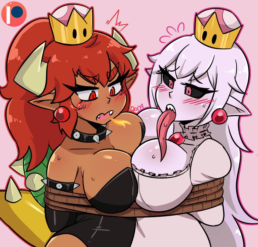 arms_behind_back black_leotard black_sclera blush bowsette breast_press breasts choker cleavage collar darkprincess04 dress earrings eyebrows_visible_through_hair fangs ghost horns jewelry large_breasts lavender_hair leotard long_tongue mario_(series) monster_girl multiple_girls new_super_mario_bros._u_deluxe nintendo open_mouth outline pale_skin patreon_logo pink_background pink_eyes pointy_ears ponytail princess_king_boo red_eyes red_hair sharp_teeth simple_background spiked_armlet spiked_collar spiked_shell spiked_tail spikes strapless super_crown sweat symmetrical_docking teeth thick_eyebrows tied tongue tongue_out white_dress