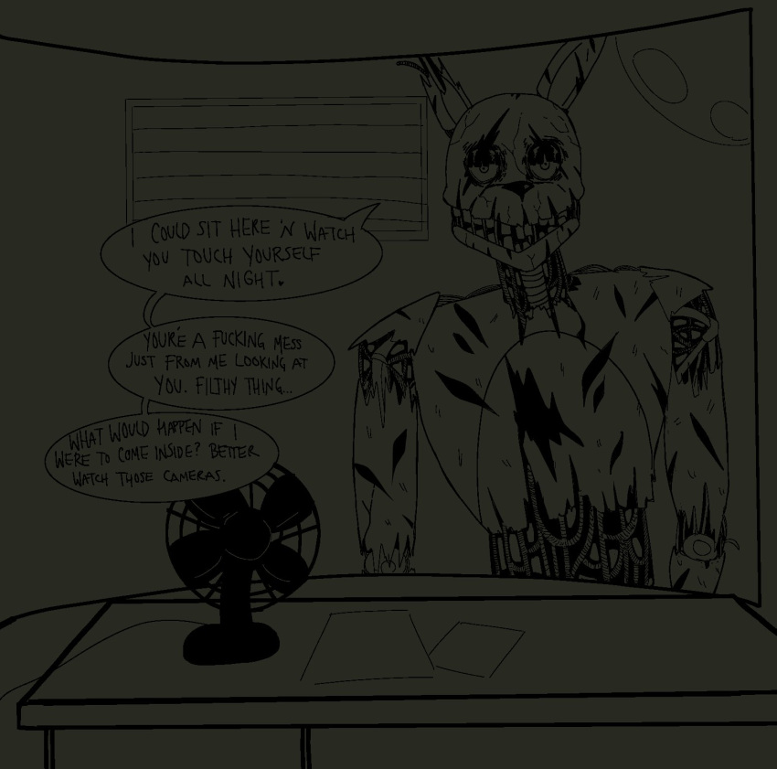 2022 animatronic anthro being_watched dialogue digital_drawing_(artwork) digital_media_(artwork) dirty_talk english_text five_nights_at_freddy's five_nights_at_freddy's_3 hi_res lagomorph leporid looking_at_another looking_at_viewer machine male mammal parvus rabbit robot scottgames solo speech_bubble springtrap_(fnaf) text video_games voyeur