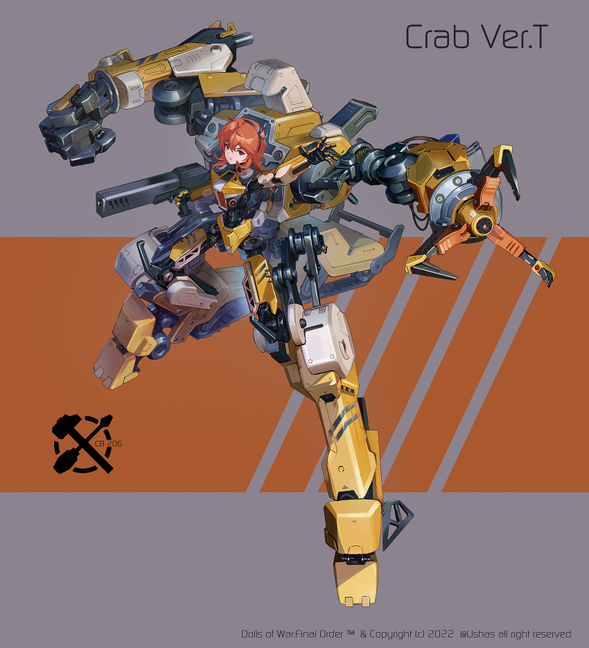 1girl android armor caterpillar_tracks claw_(weapon) commentary_request exoskeleton full_body grey_background gun hair_ribbon highres holding holding_gun holding_weapon joints mecha mixed-language_commentary orange_background orange_hair original parted_lips reaching_out red_eyes ribbon robot_joints science_fiction solo two-tone_background ushas weapon