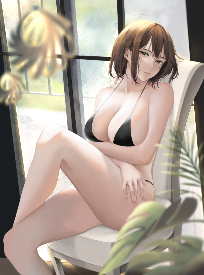 1girl absurdres alternate_breast_size alternate_costume assault_rifle bangs bikini black_bikini breasts brown_eyes brown_hair chair collarbone crossed_arms crossed_legs day expressionless feet_out_of_frame girls'_frontline gun highres indoors large_breasts m16 m16a1_(girls'_frontline) medium_hair mole mole_under_eye multicolored_hair no_eyepatch parang parted_lips plant resting rifle scar scar_across_eye scar_on_face sitting solo streaked_hair swimsuit weapon