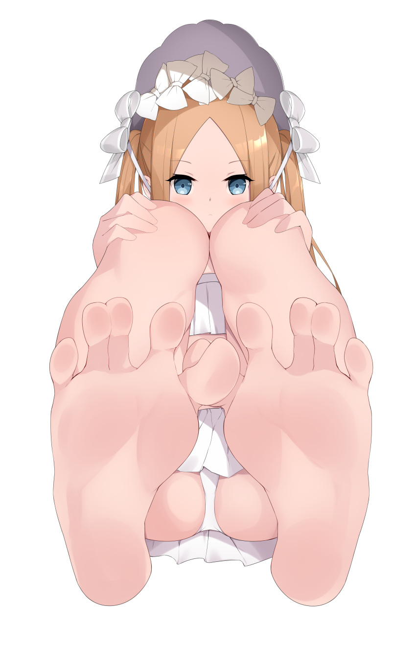 1girl abigail_williams_(fate) abigail_williams_(swimsuit_foreigner)_(fate) absurdres bangs bare_shoulders barefoot bikini blonde_hair blue_eyes blush bonnet bow breasts chashuwu fate/grand_order fate_(series) feet forehead hair_bow highres legs long_hair looking_at_viewer miniskirt parted_bangs sidelocks sitting skirt small_breasts soles solo swimsuit toes twintails very_long_hair white_bikini white_bow white_headwear