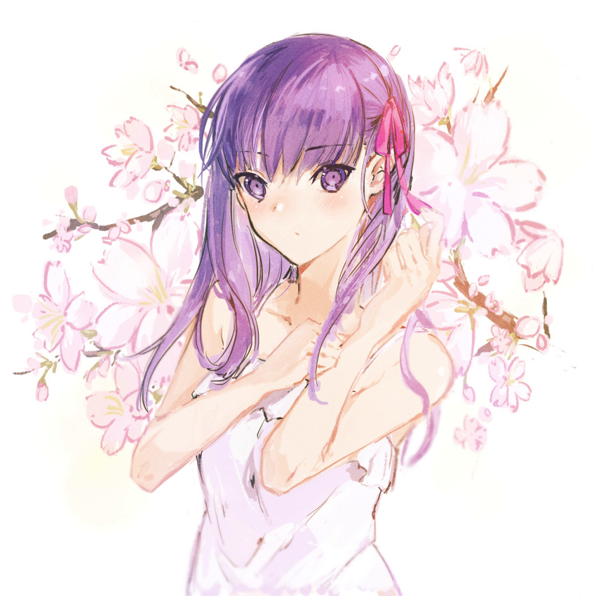 1girl bangs bare_arms collarbone dress eyebrows_visible_through_hair fate/stay_night fate_(series) hair_between_eyes hair_ribbon highres long_hair matou_sakura pink_ribbon purple_eyes purple_hair ribbon shigure_(shigure_43) shiny shiny_hair sketch sleeveless sleeveless_dress solo sundress white_background white_dress