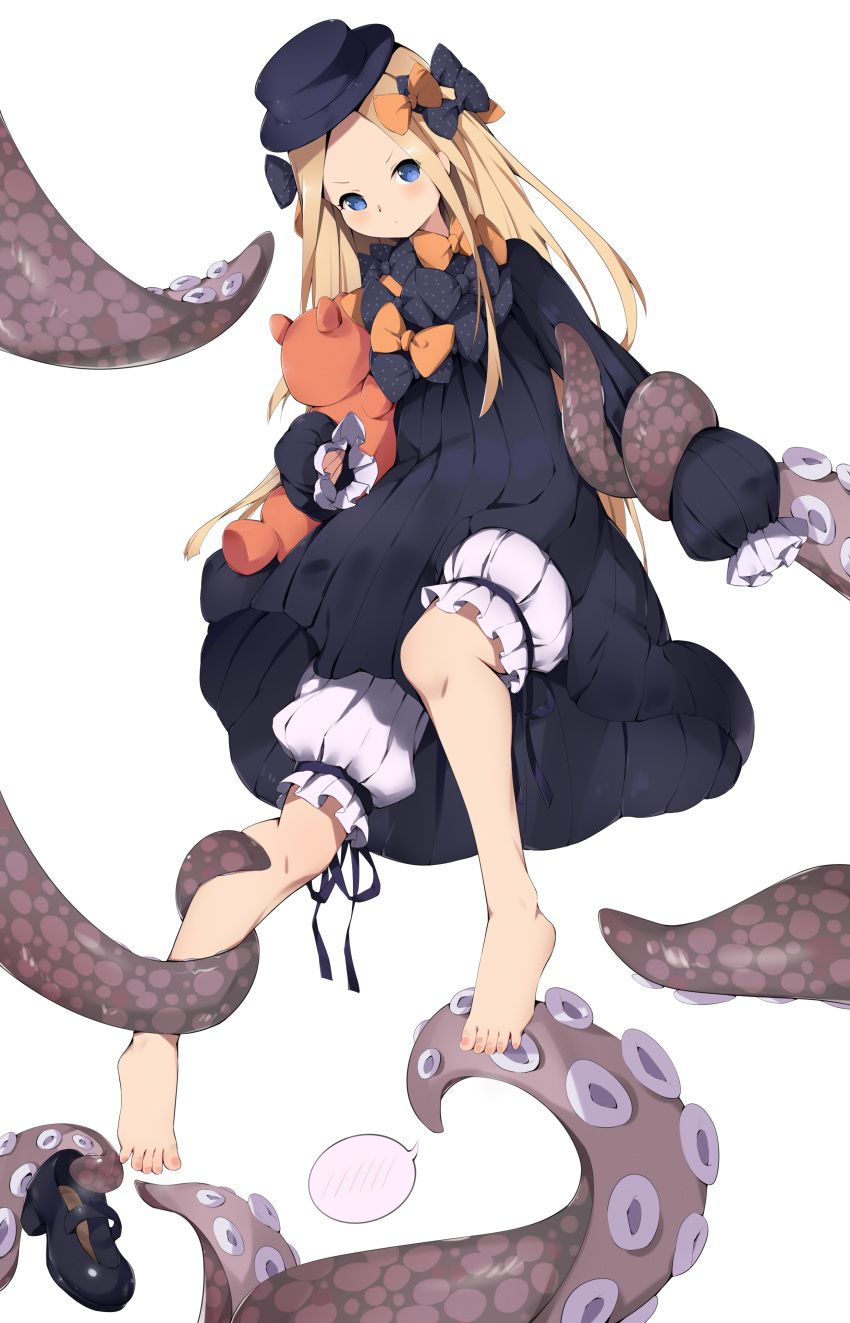 1girl abigail_williams_(fate) absurdres bangs barefoot black_bow black_dress black_headwear blonde_hair bloomers blue_eyes blush bow breasts chashuwu dress fate/grand_order fate_(series) feet forehead hair_bow hat highres long_hair long_sleeves looking_at_viewer multiple_bows orange_bow parted_bangs polka_dot polka_dot_bow restrained ribbed_dress sleeves_past_fingers sleeves_past_wrists small_breasts stuffed_animal stuffed_toy teddy_bear tentacles underwear white_bloomers