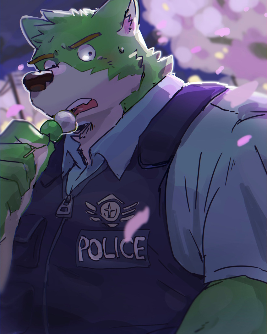 2022 anthro black_nose bodily_fluids canid canine canis cherry_blossom clothing detailed_background domestic_dog eating food green_body hi_res humanoid_hands kemono male mammal nekodon_san outside plant police shirt slightly_chubby solo sweat topwear tree