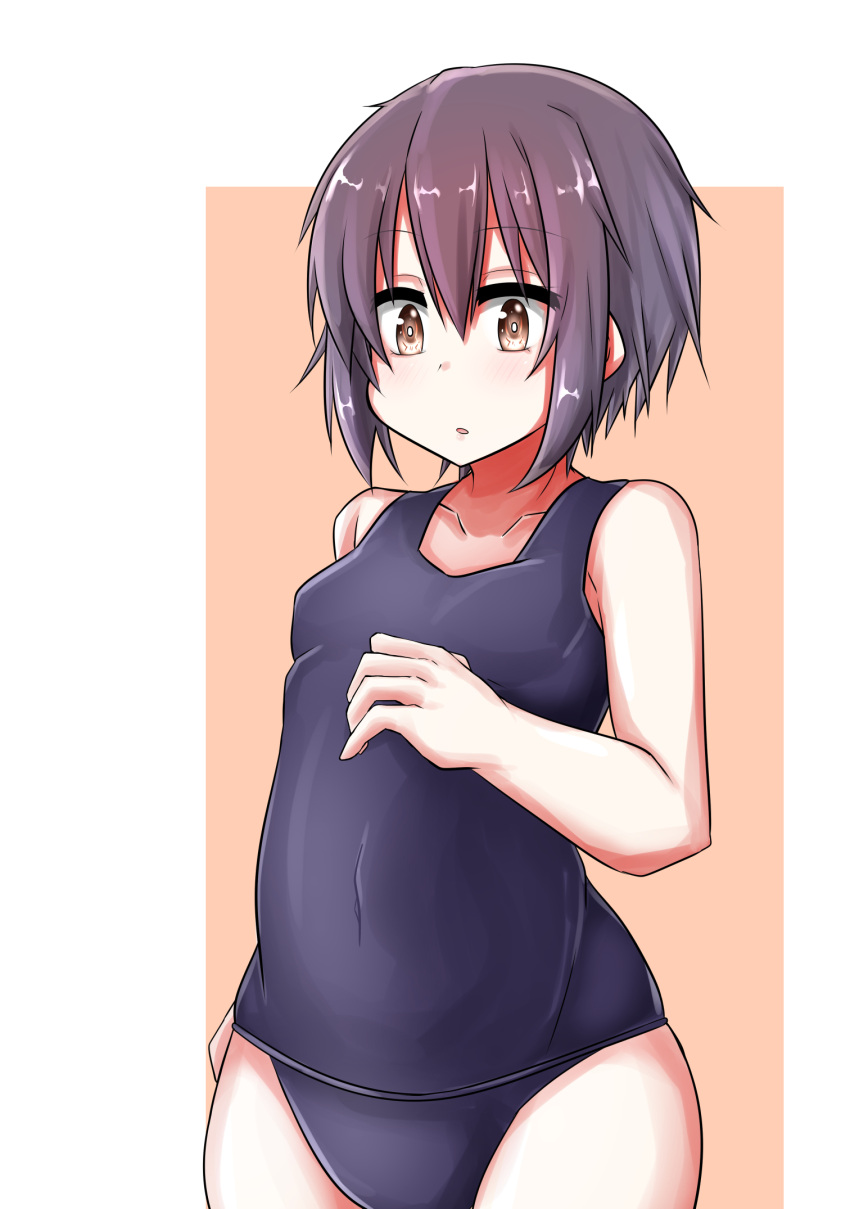 1girl :o bangs breasts brown_background brown_eyes collarbone commentary_request eyebrows_visible_through_hair hair_between_eyes hand_on_own_stomach highres looking_at_viewer nagato_yuki one-piece_swimsuit open_mouth purple_hair school_swimsuit shiny shiny_hair short_hair simple_background sleeveless small_breasts solo suzumiya_haruhi_no_yuuutsu swimsuit t_(dyuhuhudyukusi) two-tone_background white_background