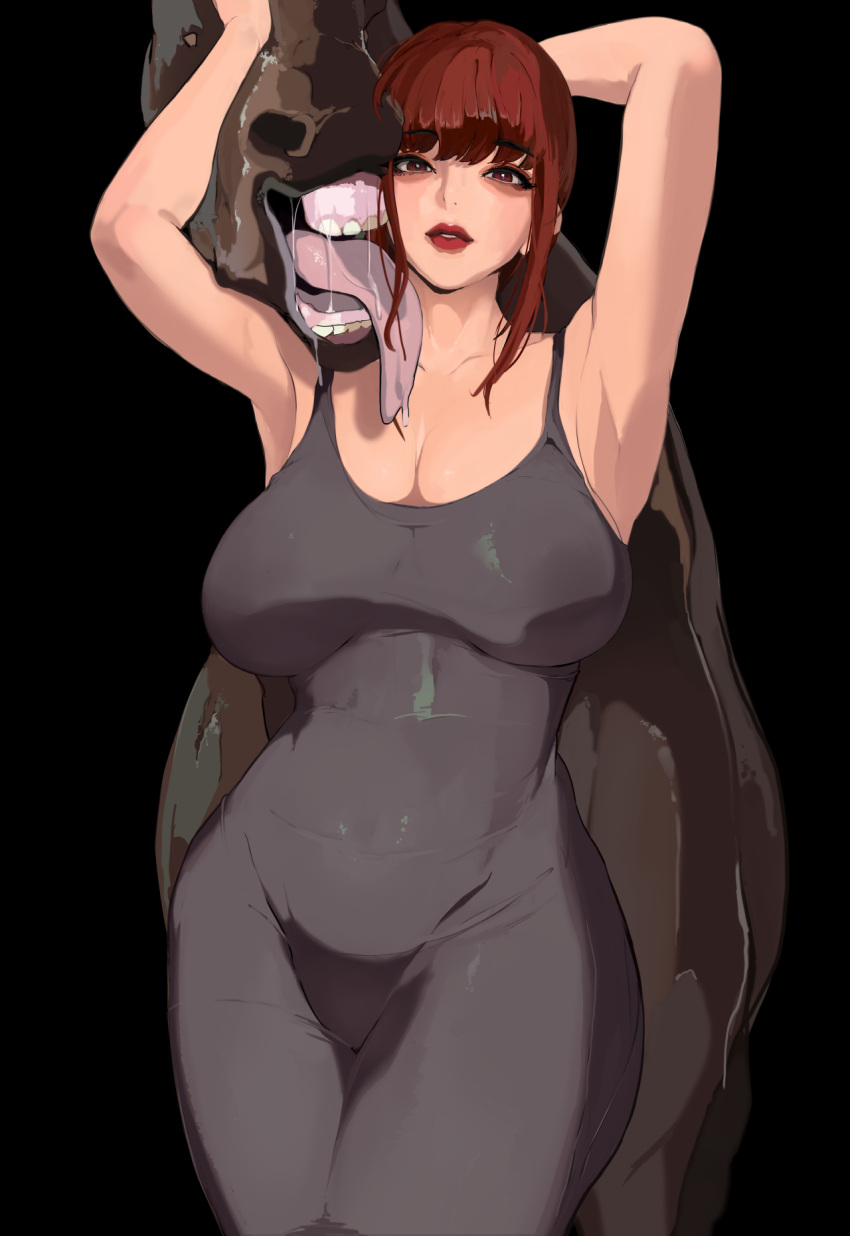 1girl animal armpits arms_up bestiality black_background breasts chainsaw_man cleavage highres horse licking looking_at_viewer makima_(chainsaw_man) mamimi_(mamamimi) red_eyes red_hair simple_background skin_tight tongue tongue_out