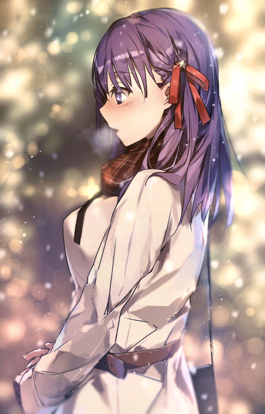 1girl absurdres bag belt blurry blurry_background blush brown_belt coat fate/stay_night fate_(series) from_side hair_ribbon handbag highres long_hair long_sleeves matou_sakura open_mouth outdoors plaid plaid_scarf profile purple_eyes purple_hair red_ribbon red_scarf ribbon scarf shigure_(shigure_43) shiny shiny_hair snowing solo white_coat winter winter_clothes winter_coat