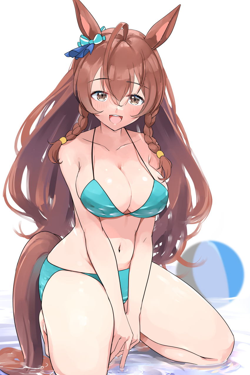 1girl absurdres ahoge animal_ears bikini blue_bikini blue_eyes bow braid breasts brown_hair cleavage commentary_request highres horse_ears horse_girl horse_tail kneeling kntrs_(knyrs) large_breasts light_brown_eyes long_hair looking_at_viewer mejiro_bright_(umamusume) smile solo striped striped_bow swimsuit tail twin_braids umamusume water wavy_hair