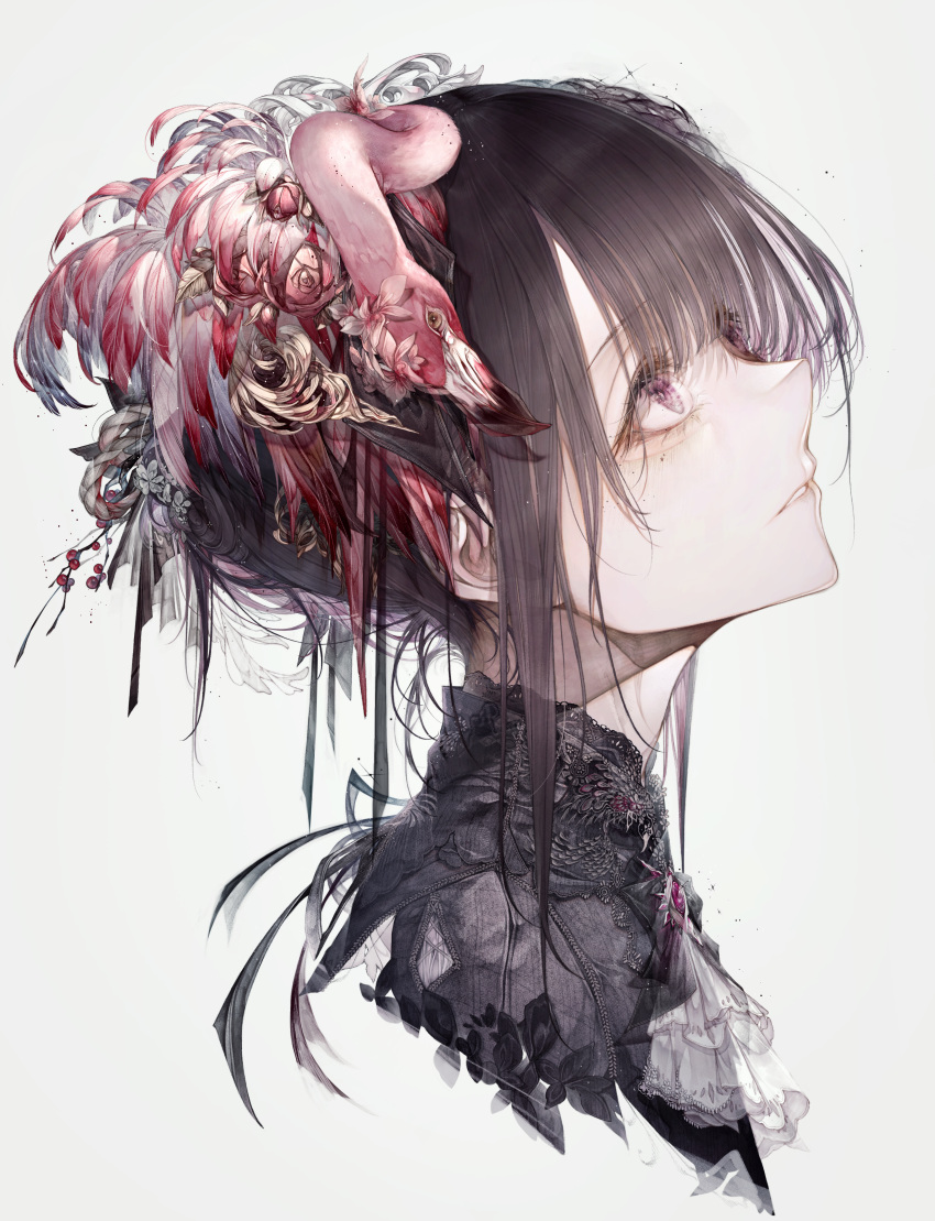 1girl absurdres ascot bangs bird black_shirt commentary_request cropped_torso flamingo from_side grey_background hair_ornament highres hito_komoru looking_up medium_hair original portrait shirt simple_background solo white_ascot