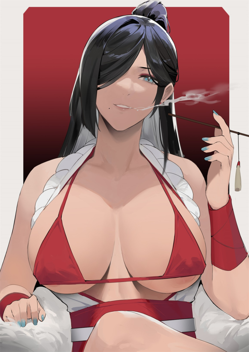 1girl alios_arvin areola_slip areolae bangs bare_shoulders bikini black_hair blue_eyes blue_nails bracer breasts commentary english_commentary hair_bun hair_over_one_eye hand_up highres holding holding_pipe large_breasts long_hair looking_at_viewer nail_polish original parted_lips pipe red_bikini simple_background smile smoking solo swimsuit
