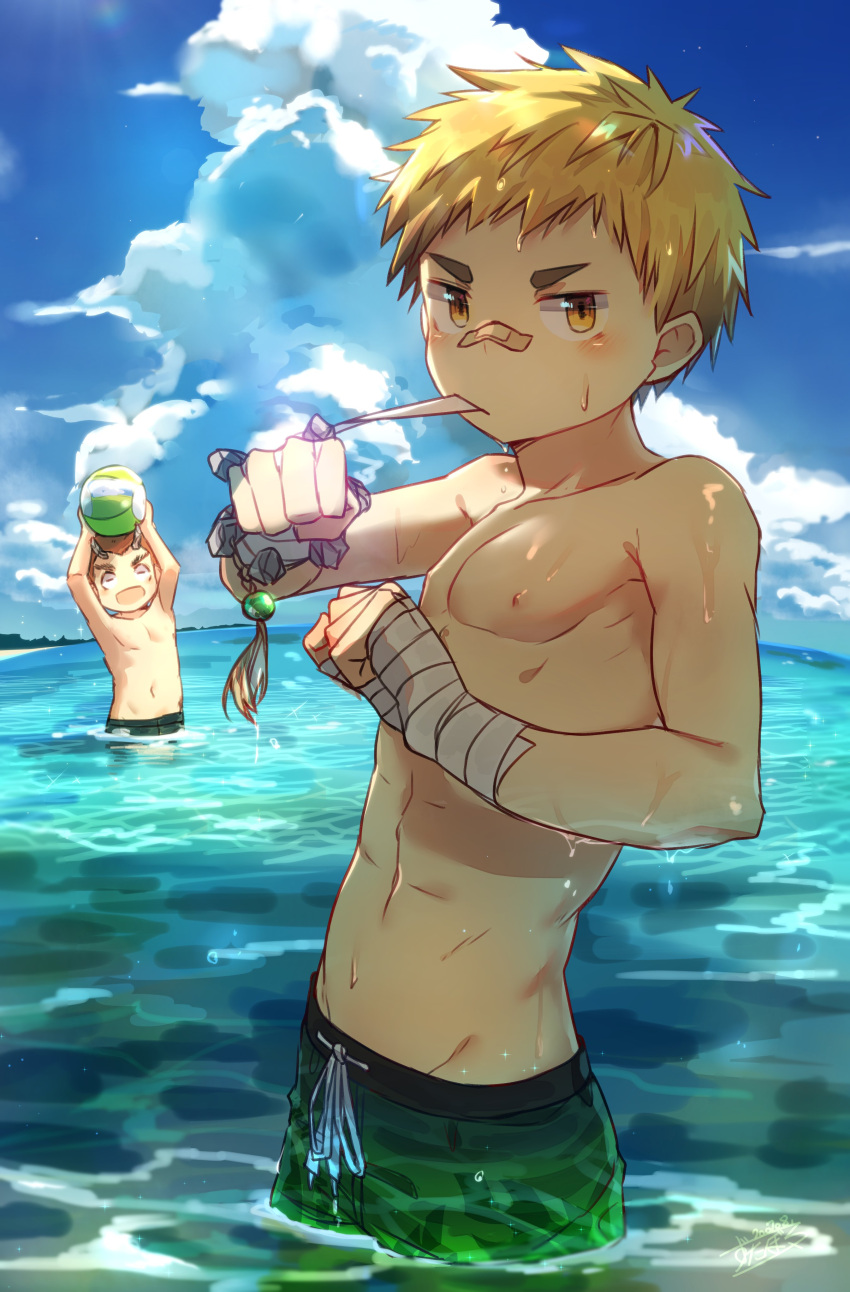 2boys absurdres blonde_hair brown_hair character_request cloud cloudy_sky commentary_request day demon_boy highres horns looking_at_viewer male_focus male_swimwear multiple_boys muscular_shota ocean one-piece_swimsuit ooki_ikutoshi sky swim_trunks swimming swimsuit tokyo_afterschool_summoners topless_male water yellow_eyes zutaboro