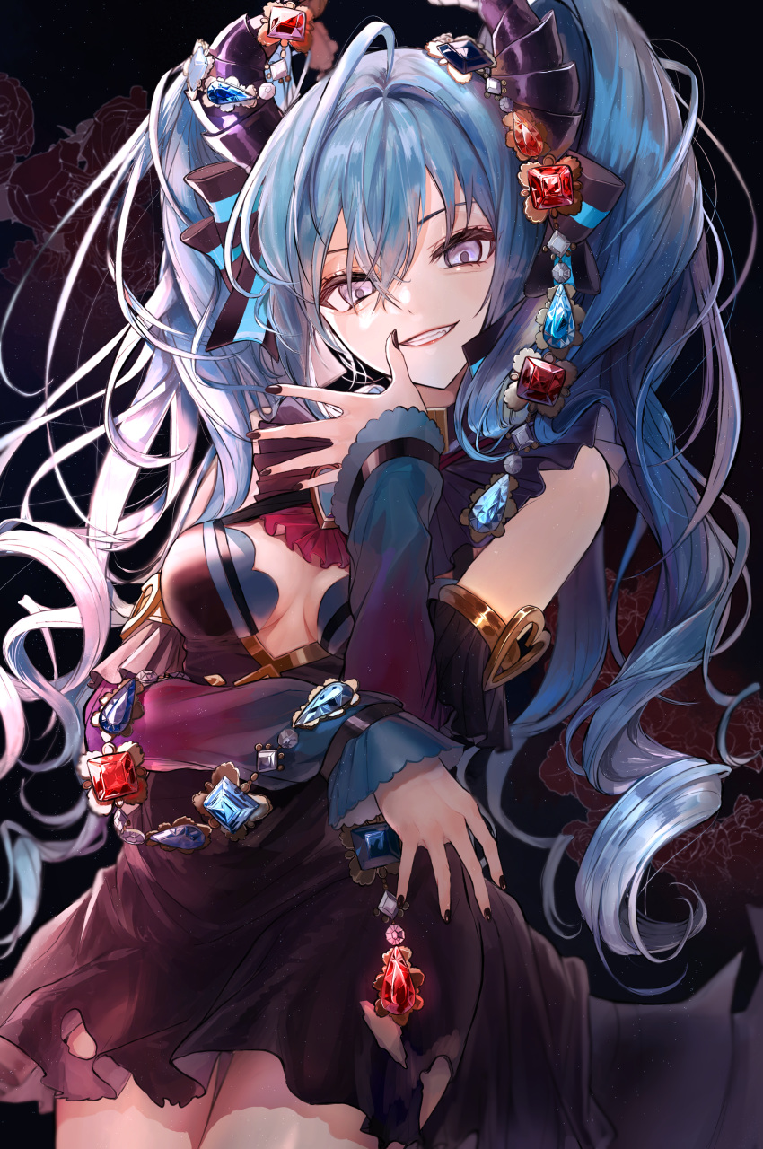 1girl absurdres amulet bare_shoulders black_background black_dress black_nails blue_hair breasts cleavage commentary cowboy_shot detached_sleeves dress english_commentary gem hand_up hatsune_miku highres long_hair looking_at_viewer medium_breasts nail_polish parted_lips pipi purple_eyes short_dress simple_background smile solo strapless strapless_dress twintails vocaloid