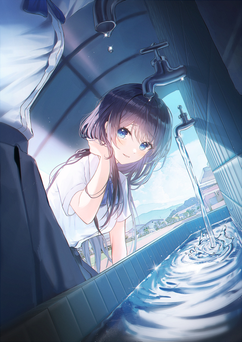 2girls absurdres bangs blue_eyes blue_ribbon blue_skirt breasts brown_hair cloud cloudy_sky collared_shirt dutch_angle eyebrows_visible_through_hair faucet hand_in_hair highres large_breasts light_particles long_hair looking_at_viewer momimi multiple_girls neck_ribbon original out_of_frame parted_lips pleated_skirt ribbon school_uniform shirt shirt_tucked_in short_sleeves sidelocks skirt sky smile swept_bangs very_long_hair water water_drop white_shirt