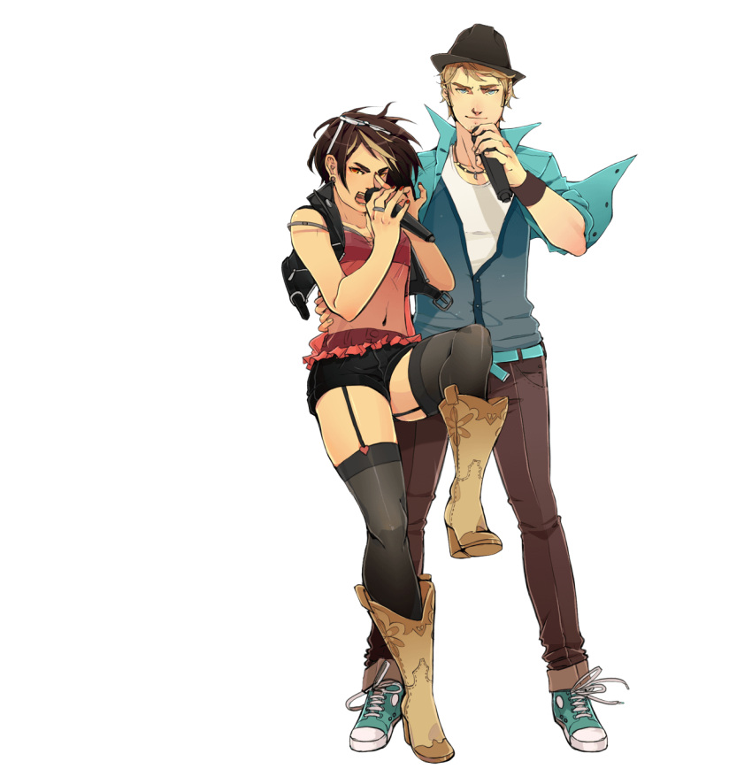 1boy 1girl aqua_belt aqua_footwear aqua_shirt archived_source arm_around_waist belt black_headwear black_legwear black_shorts black_vest blonde_hair blue_eyes blue_vest boots bra breasts brown_footwear brown_hair brown_pants bruno_(vocaloid) clara_(vocaloid) closed_mouth collarbone cowboy_boots dress_shirt earrings eyewear_on_head facial_hair fingernails full_body furrowed_brow garter_straps hand_up hands_up heart heart-shaped_eyewear high_tops highres holding holding_microphone jewelry leg_up legs_apart looking_at_viewer microphone multicolored_hair music navel necklace official_art open_clothes open_mouth open_shirt orange_eyes pants red_nails red_shirt ring rumple_(artist) see-through see-through_legwear see-through_shirt shirt shoes short_hair short_shorts shorts singing sleeveless small_breasts sneakers standing standing_on_one_leg streaked_hair stubble stud_earrings thighhighs transparent_background underwear vest vocaloid wristband